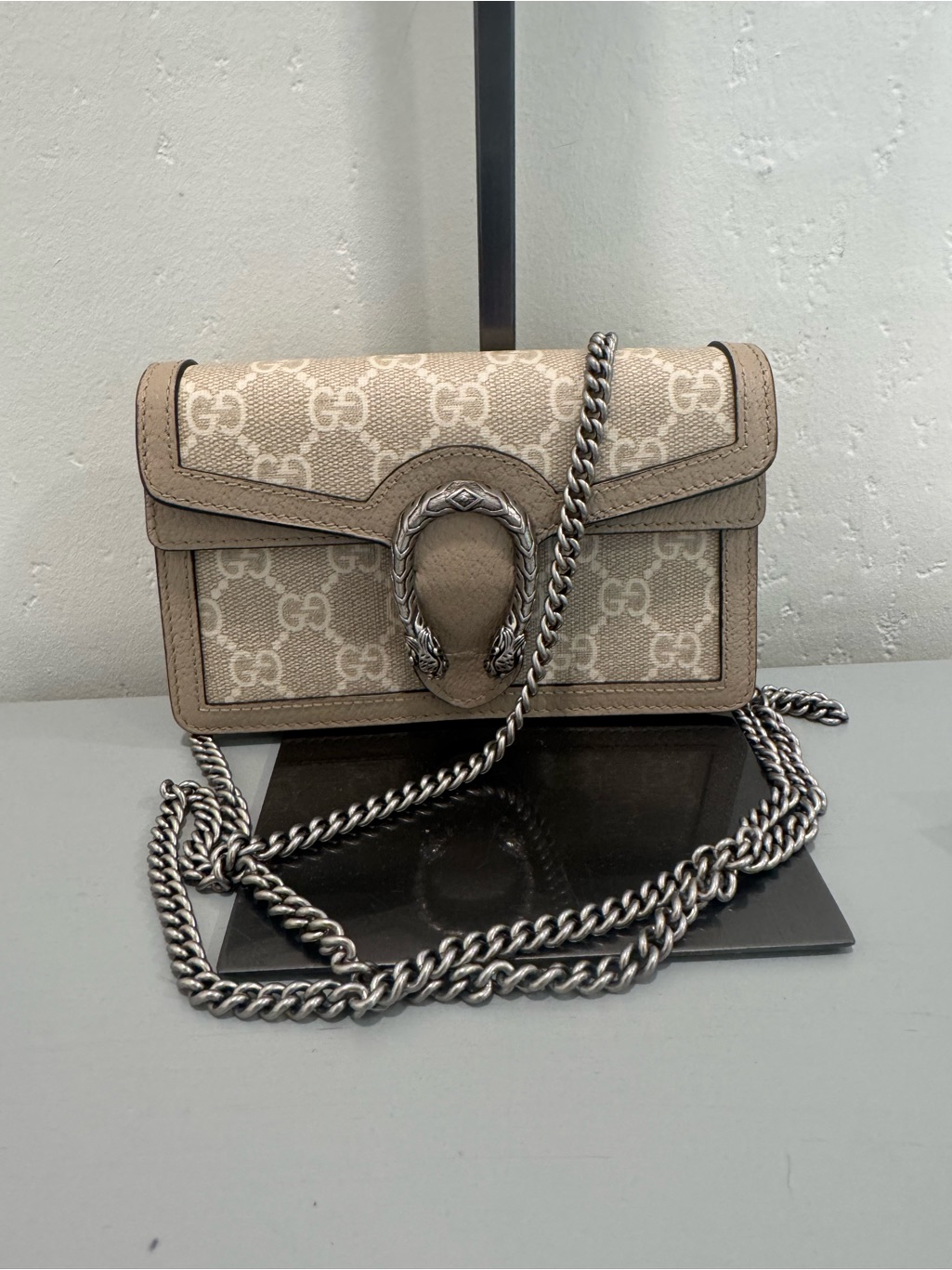 Gucci Beige Gg Canvas Dionysus Mini Crossbody With Silver Chain